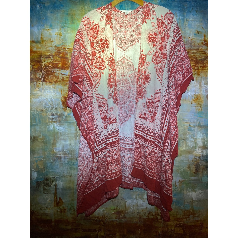 Time and Tru Womens Red White Paisley Medallion Kimono Wrap Coverup L-XL TT21157